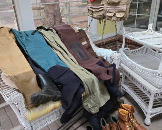 Fishing waders, flotation fishing vests, boots