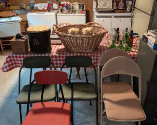 chairs, basket, old glass bottles