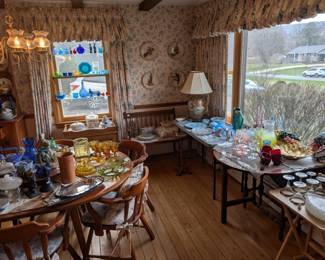 glassware, lamp, dining table and chairs