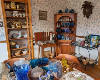 hutch, dining set, plates, platters, bowls, casseroles