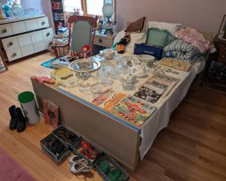 glass, shoes, rocking chair, bed