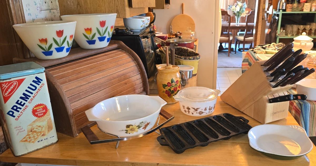 House and Garage Full! The Famous wooden bread box - Vintage Pyrex - Cast Iron