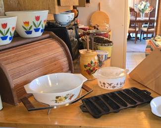 House and Garage Full! The Famous wooden bread box - Vintage Pyrex - Cast Iron