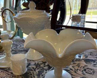 Westmoreland Indiana paneled grape milk glass compote, vintage, Indiana colony, harvest, milk, glass, pedestal with lid