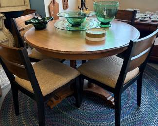 Great Oak Pedestal Table.  Beautiful Pedestal.  4 chairs sold separates or together - Round braided rug in excrellent condition.  Green Art Glass Bowls and Platter