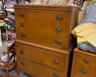 Vintage step back chest, vanity with mirror, headboard and footboard