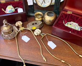 Wonderful Lamp Finales, Teapots in a box, Brass mini pots. Brass and Glass trinket