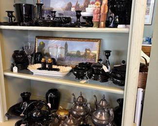 Black depression, glass and black amethyst, glass and silver coffee tea set