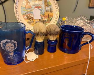 Wondreful cobalt blue shaving brushes, mug and Shirley Temple pitcher