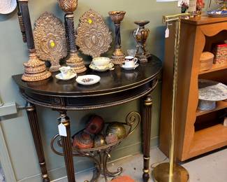 Half Moon Table with golld trim. Pillar Candle Stands, Unique decor. Floor swing lamp