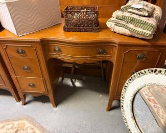 Thomasville Vintage, vanity, bowfront, headboard, footboard queen size step back chest