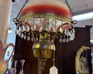Beautiful Victorian hand painted light with glass prisms brass ready to hang