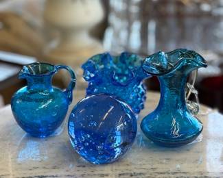 Fenton Blue, small pitcher and paperweight