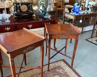 1940s mahogany side tables sold as pair. Finished all the way around inlaid top.