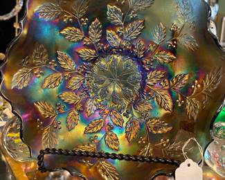 Fenton cobalt blue Holly Berry Carnival glass bowl