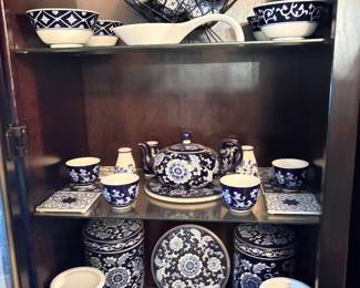 Blue and White Chinoiserie Mandarin Pier One Porcelain Canisters, plates
