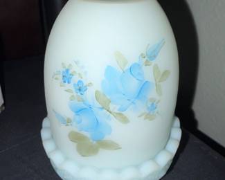 Vintage Fenton 2 Piece Blue  Fairy Lamp Satin painted Roses Signed 4.75” Tall 