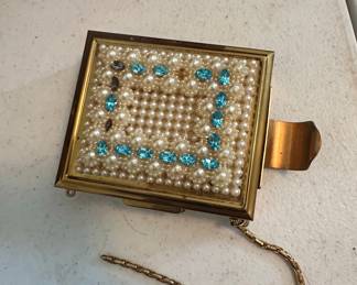 Vintage Rhinestone and Faux Pearl Powder Compact with Chain by Wiesner of Miami