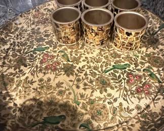 Vintage Floral and Bird Motif Serving Tray with Napkin Rings