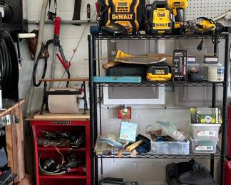 DeWalt Power Tool Assortment with Waterloo Tool Cart and Wire Shelving