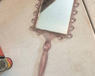 Victorian-Style Celluloid Hand Mirror with Lithograph Insert