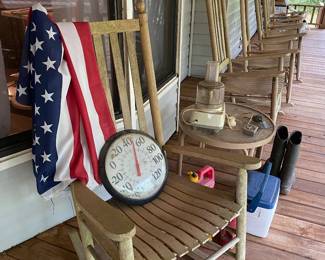 Rocking chairs and items on the porch chair all for sale