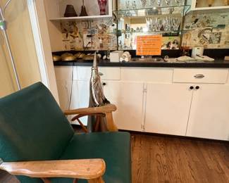 Wagon Wheel chair in EUC, glass vase, Antique heat sensors, Vintage Fire bell, glassware