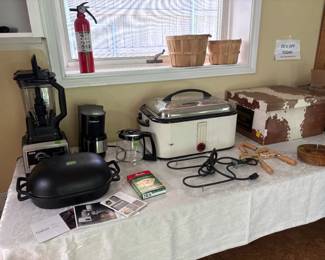 Cast iron bread maker, Ninja blender, Vintage food warmer, Hat box, bushel baskets
