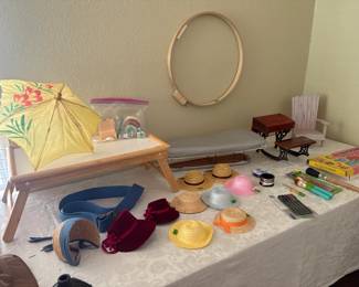 vintage umbrella, doll hats, brushes, doll house furniture