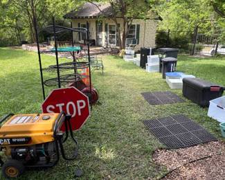 Cat Generator, Large STOP sign, metal rack, Antique push cart, hose on a reel, metal chairs, tubs and carry cases