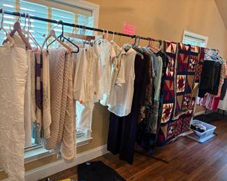 asssortment of linens, Vintage runners, small and large Woman's clothes, 3 panel needlepoint with yard to finish