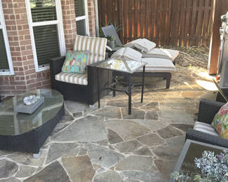 Lot 78: Outdoor Patio Furniture Set with Glass Tables, Chaise Lounges, and Saber Grill