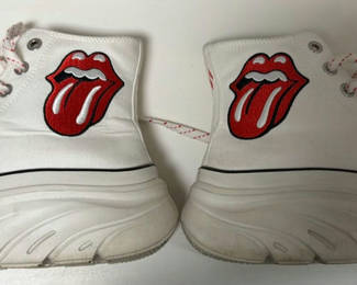 Lot 411: Sketchers designer series white canvas high-top sneakers with Rolling Stones red lips logo