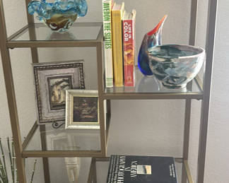Lot 27: Glass and Metal Shelving Unit with Decorative Objects