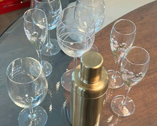 Lot 202: Assorted Wine and Champagne Glasses with Stainless Steel Cocktail Shaker
