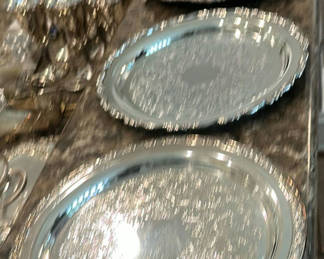 Lot 98: Assorted Silver-Toned Serving Trays and Platters