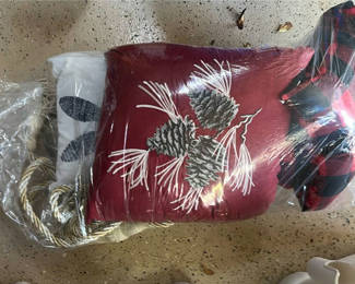 Lot 13: Assorted Decorative Pillows, Textile Items, and Braided Rope Tiebacks