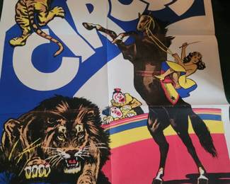 CARSON * BARNES WILD ANIMAL CIRCUS showing Tiger, Lion, and Wonder Woman Atop Stallion with Clown in background!