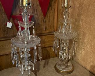 Pair of Vintage Hollywood Regency Lamps with 3 rows of Prisms  