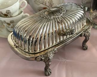 Silver Plated Covered Butter Holder W/ Glass Insert