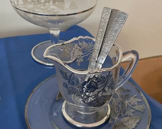 Silver Trimmed Creamer, Plate, & Footed Bowl