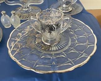 Silver Trimmed Cake Plate & Open Sugar Bowl