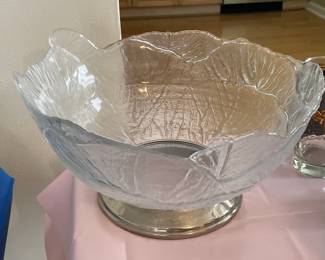 Glass Salad Serving Bowl W/ Silver Plated Foot