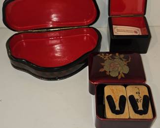 Set of Three Decorative Lacquer Boxes: Russian Palekh, Novelty Witch, and Japanese Floral