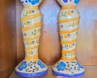 Hand-Painted Portuguese Ceramic Candlestick Holders (Pair)