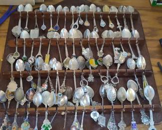 Collection of Souvenir Spoons with Display Rack