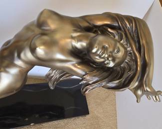 Art Deco Bronze Finished Nude Woman Sculpture on Marble Base