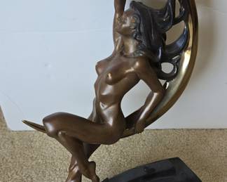 Art Deco Nude Woman on Crescent Moon Bronze Sculpture