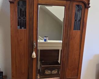 Victorian Walnut Armoire with Stained Glass