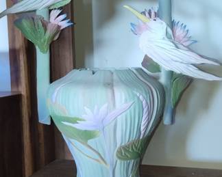 J. Adams Ceramic Vase with Birds and Lotus Flowers